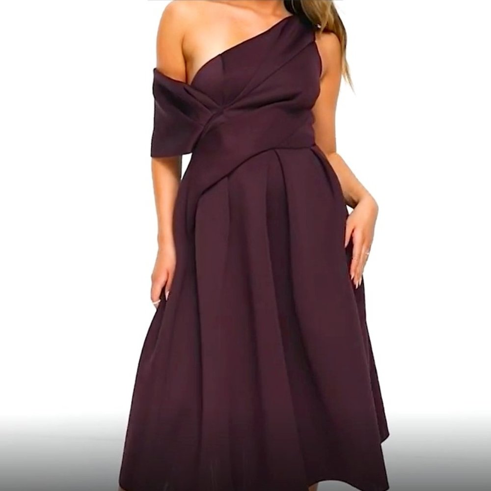 ASOS Midi A-line Flowy One-Shoulder Dress, Deep Purple, Size 0/00